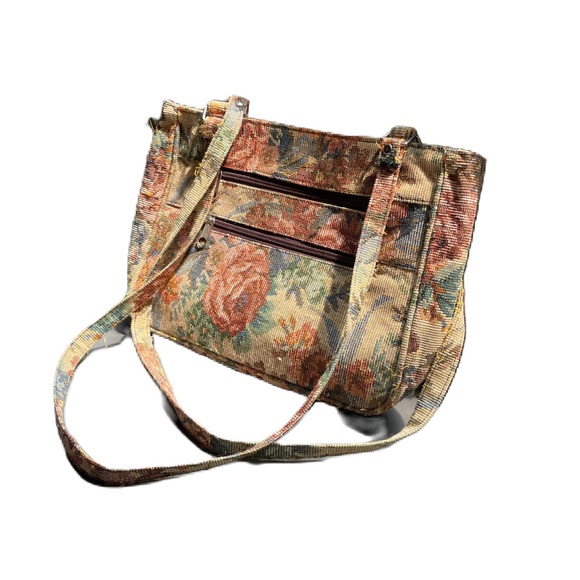 Vintage Multi Shoulder Strap Contrast Floral Intarsia Knit Tote Bag